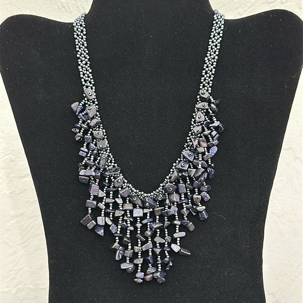 Dark Blue Micro Fleck Chip Goldstone & Midnight Blue Seed Bead Collar Necklace